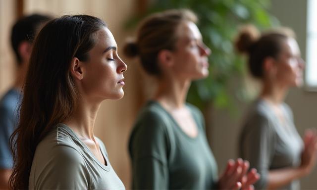 Grupo diverso de adultos concentrados y serenos, meditando o realizando ejercicios de respiración en un taller, en un espacio tranquilo y con luz natural.