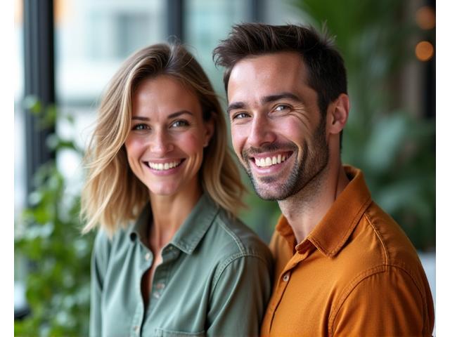 Un equipo de dos adultos de 35 a 45 años, hombre y mujer, profesionales y sonrientes, en un entorno luminoso que evoca bienestar y crecimiento natural, como un espacio de oficina moderno con plantas y luz natural.